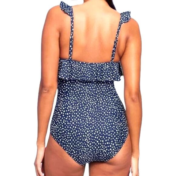 Kona Sol 1 Piece Swim 17 Dot Ruffle Shoulder One Piece Slim Swimsuit Navy Blue - Picture 5 of 14